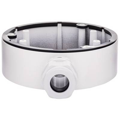 Supporto metallico rotondo e bianco con diversi punti di fissaggio e passaggio cavi sul lato, idoneo per installazione a parete o a soffitto.