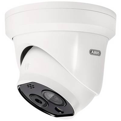 Telecamera di sorveglianza, montata sul soffitto, con logo Abus. Design bianco e moderno, rivolta verso il basso.