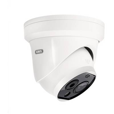 Telecamera di sorveglianza montata sul soffitto, bianca, con logo del marchio sul lato.