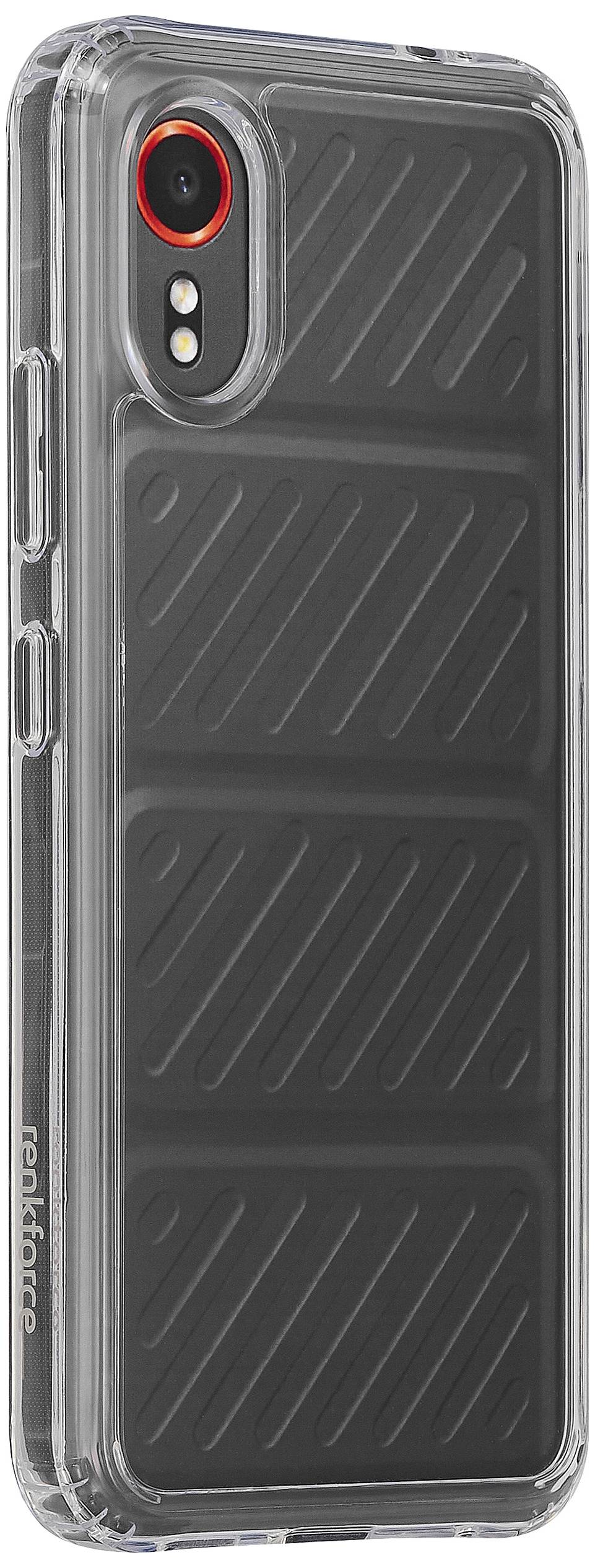 Cover per cellulare trasparente con accenti nervati neri. Fotocamera posteriore e logo visibili. Progettato per protezione e stile.