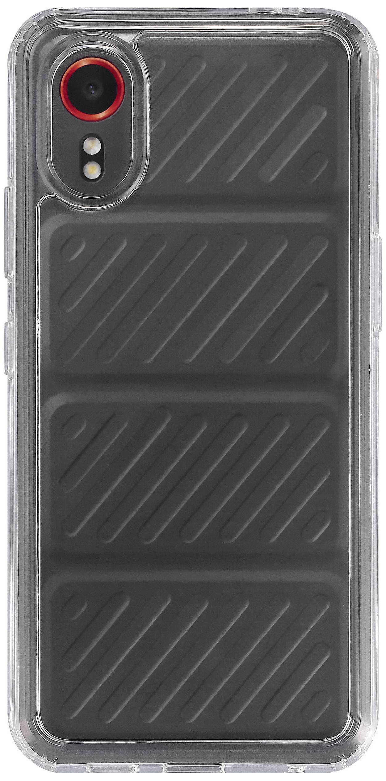 Smartphone nero in custodia trasparente, mostra un design posteriore strutturato con linee diagonali e un accento rosso intorno alla fotocamera.
