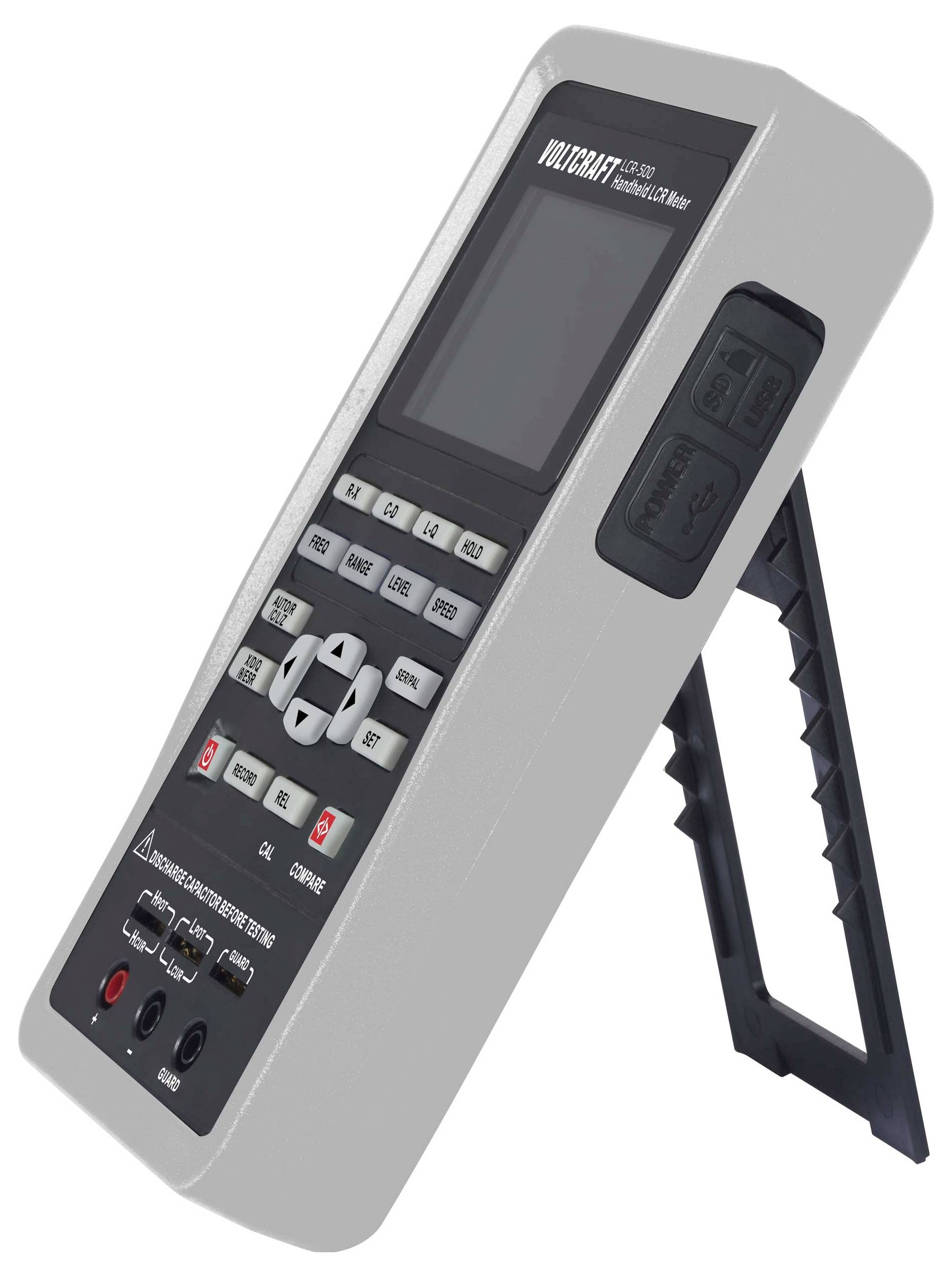 Dispositivo elettronico portatile con schermo e tasti, posizionato obliquamente su un supporto pieghevole, probabilmente uno strumento di misurazione.