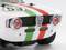 Un'auto in miniatura bianca con il numero '53' e strisce rosso-verdi sul cofano. I fari sono contrassegnati in rosso.