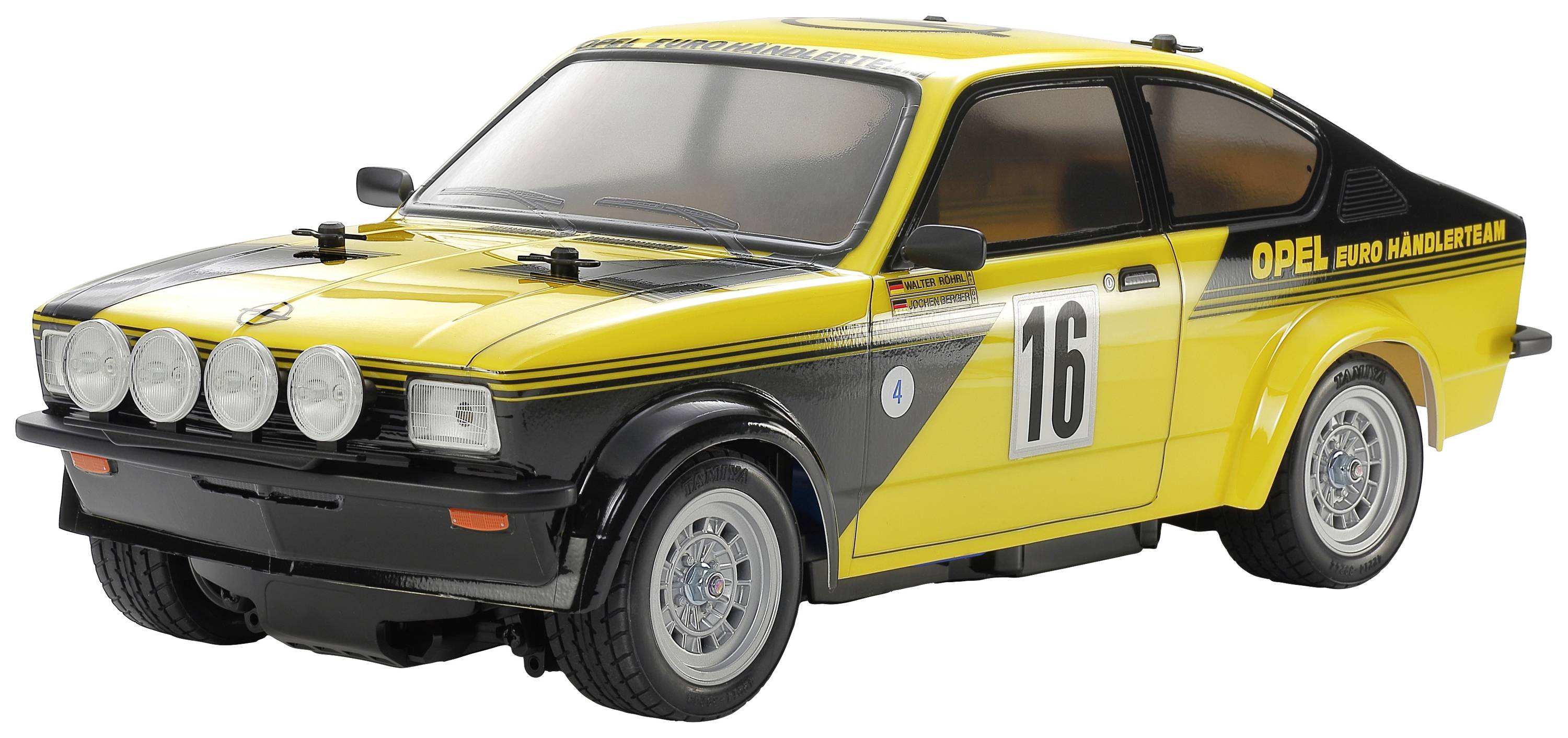 Auto giocattolo giallo in stile rally, numero 16, con dettagli neri e fari supplementari. Logo Opel sul lato.