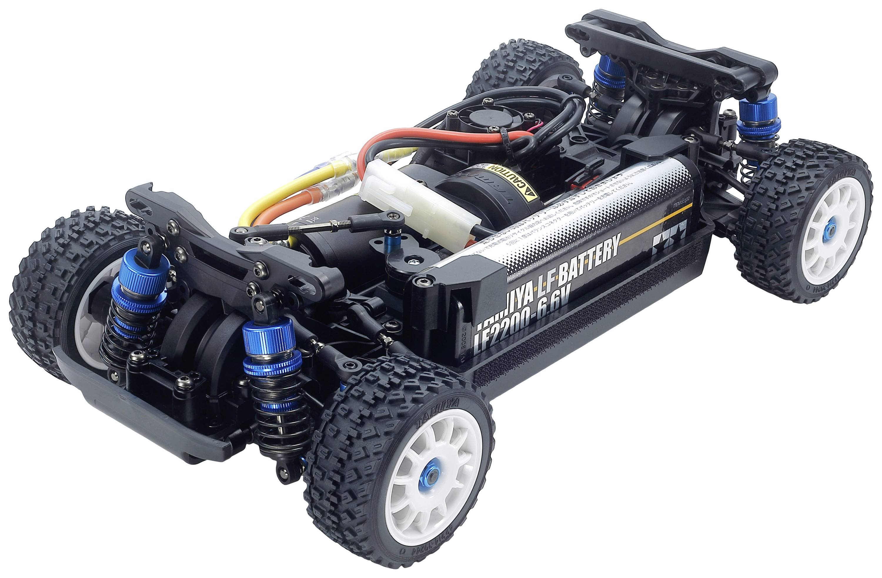 Telaio di un'auto telecomandato con elettronica visibilmente montata, batteria e sospensioni su quattro ruote grandi, vista laterale.