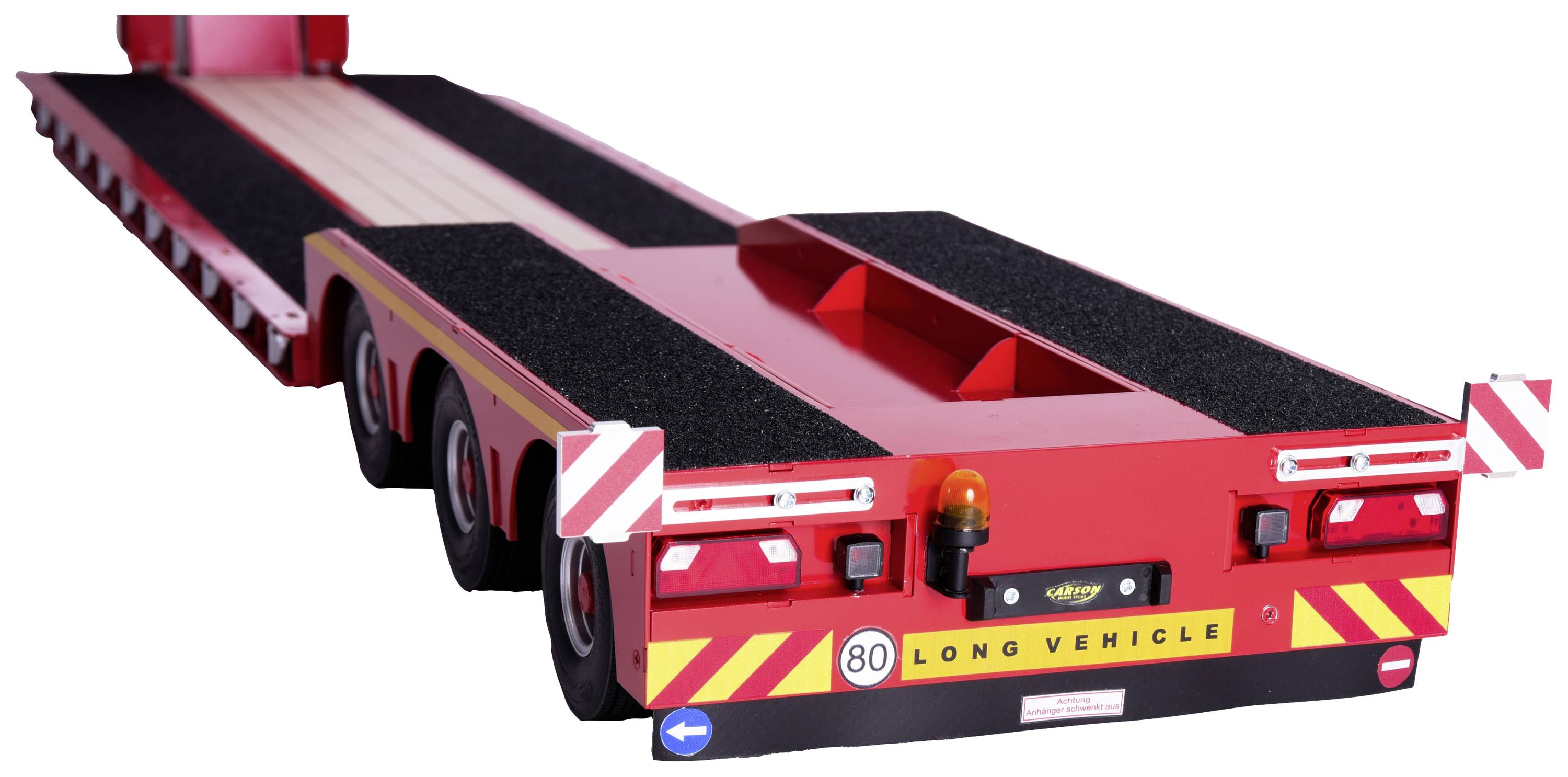 Rimorchio rosso lungo per carichi pesanti con più assi, contrassegnato con 'Long Vehicle'.