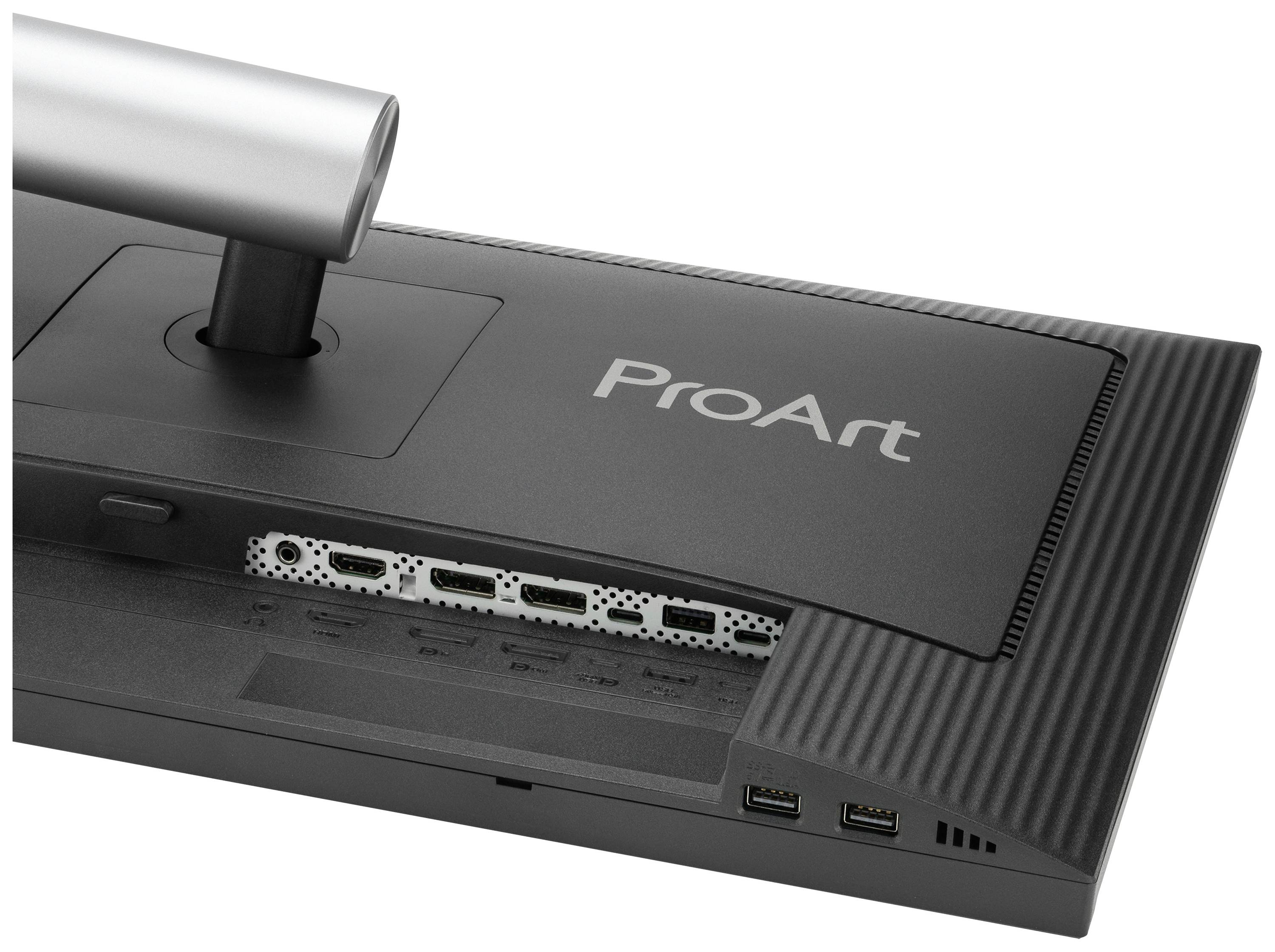 Retro di un monitor con la scritta 'ProArt', che mostra le porte di connessione e il supporto del monitor.