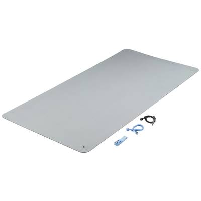 Tappetino da yoga o fitness grigio con accessori: clip blu, cavo e piccolo rullo blu. Ideale per attività sportive a casa.