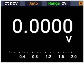 Immagine di un voltmetro digitale con un display che mostra '0.0000 V' per tensione continua. In alto sono presenti impostazioni come DCV, Auto e intervallo 2V.