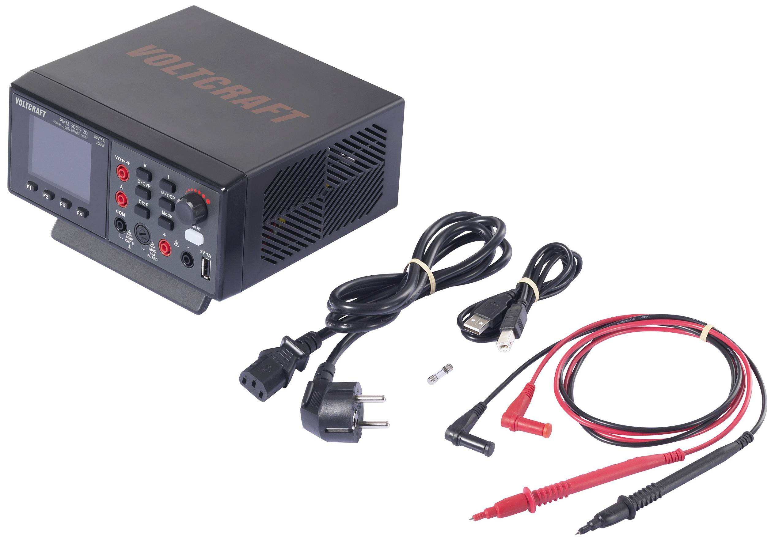 Alimentatore multifunzione con display, spine e cavi, adatto per laboratori e test elettrici. Marchio 'Voltcraft' visibile.