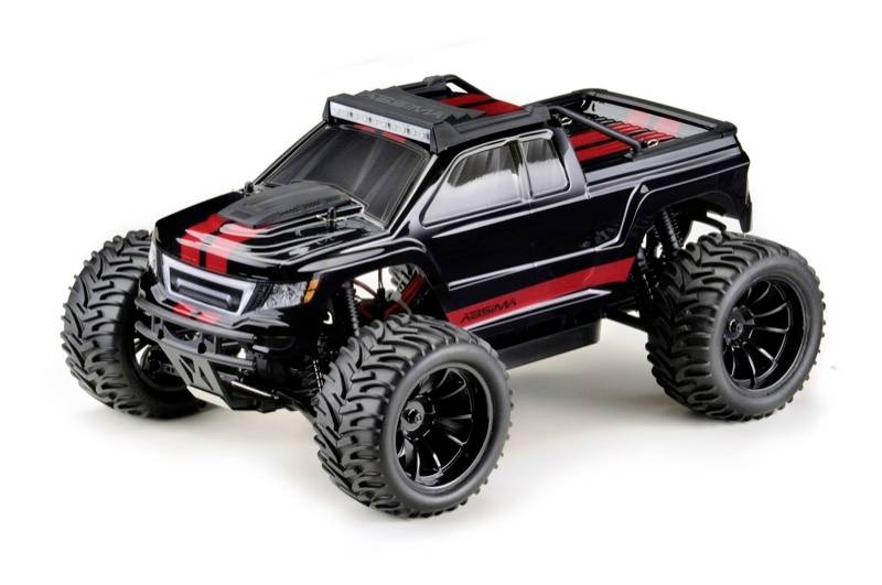 Un'auto giocattolo nera in stile monster truck con strisce decorative rosse e pneumatici fuoristrada grandi e dettagliati.