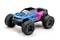 Macchina giocattolo con ruote grandi e tassellate, carrozzeria blu e rosa con scritta 'A959-BL'. Modello per avventure fuoristrada.