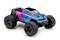 Autogiocattolo monster truck con verniciatura blu e rosa, pneumatici grandi e design robusto, su sfondo bianco.