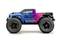 Un'auto telecomandato blu e rosa con pneumatici grandi e la scritta 'Crossover Race Champion' sul lato.
