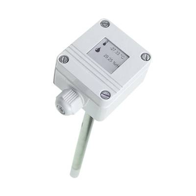 Un sensore industriale bianco per temperatura e umidità con un piccolo display mostra '27,33°C' e '28,25%RH'.