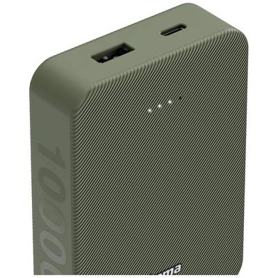 Powerbank verde con porta USB e indicatore di capacità sulla parte superiore, scritta 10000 mAh visibile sul lato.