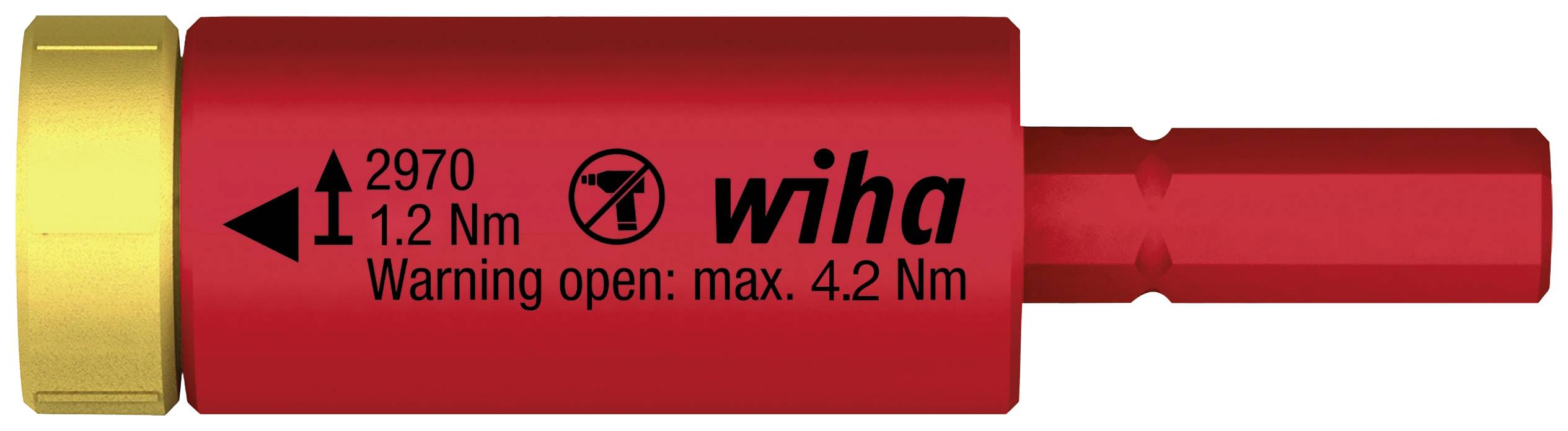 Cacciavite con limitazione di coppia di Wiha, forza massima indicata 4,2 Nm, preimpostato a 1,2 Nm, colore rosso e oro.