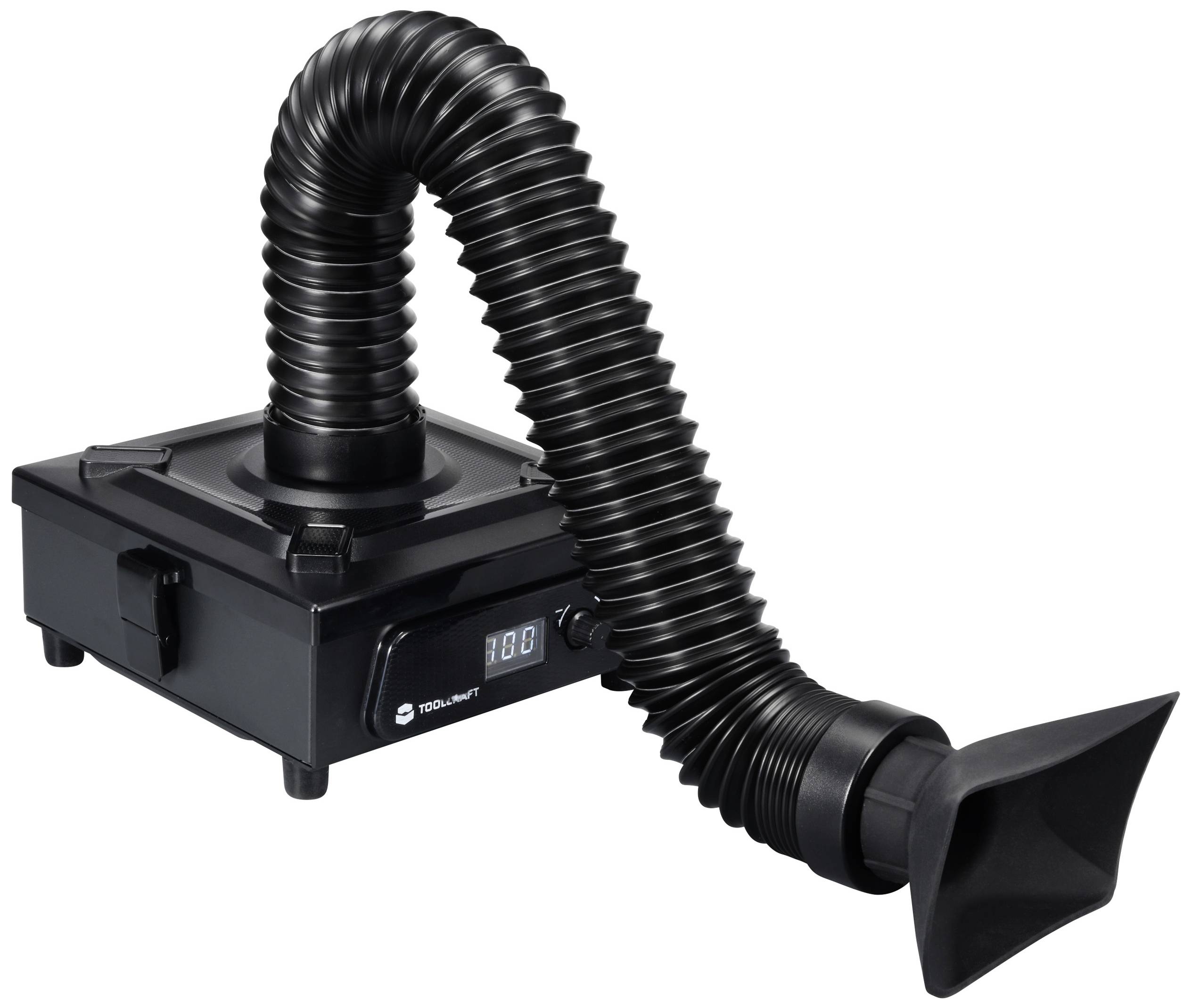 Estrattore di fumo nero con tubo flessibile e display digitale, idoneo per l'aspirazione di vapori durante lavori di saldatura.