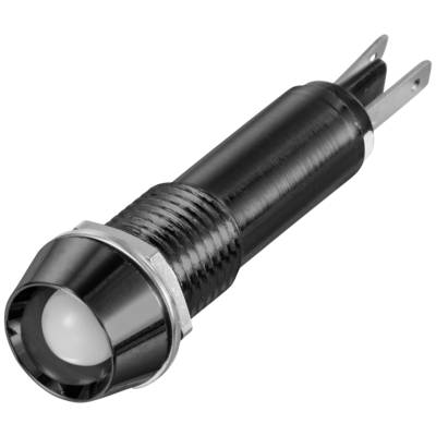 Indicatore luminoso LED nero con custodia metallica compatibile con massa e due morsetti di connessione, idoneo per il montaggio elettrico su pannello.
