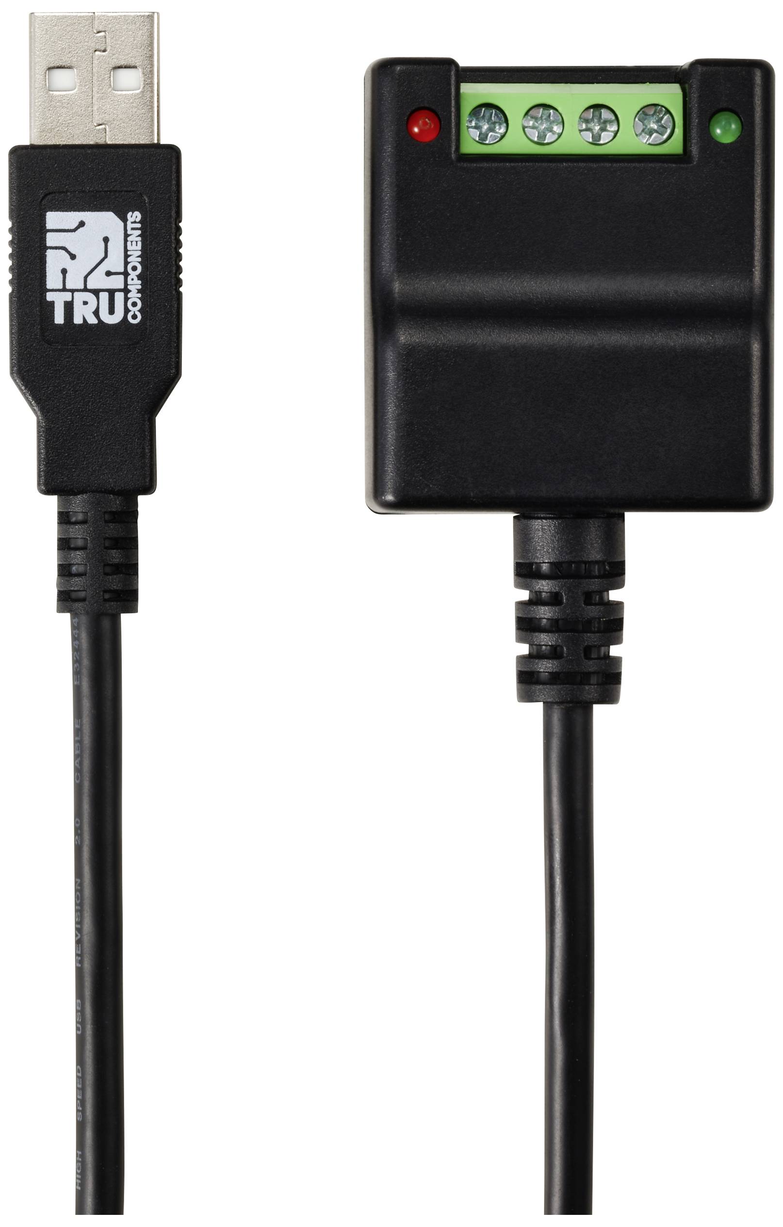 Cavo USB con connettore rettangolare, LED verdi e rosse, e quattro morsetti a vite per connessioni elettriche.