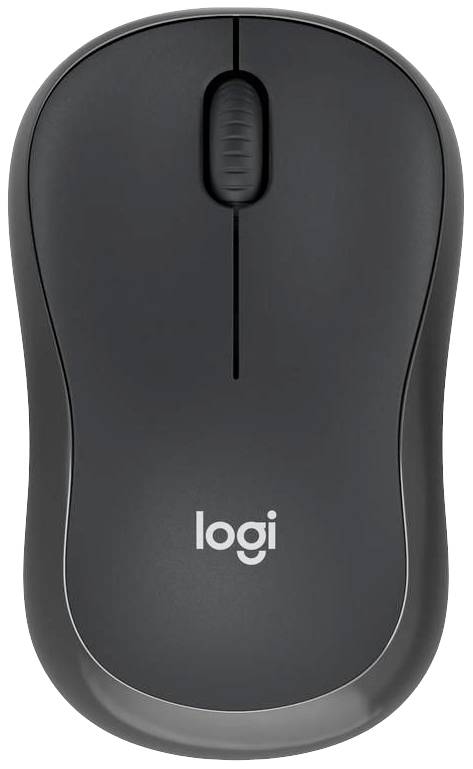 Mouse wireless nera con rotella di scorrimento e logo 'logi', design ergonomico, per un lavoro preciso e confortevole.
