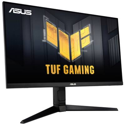 Un monitor da gaming Asus TUF nero con display di grandi dimensioni. Mostra il logo TUF Gaming sullo schermo. Ideale per i giocatori.