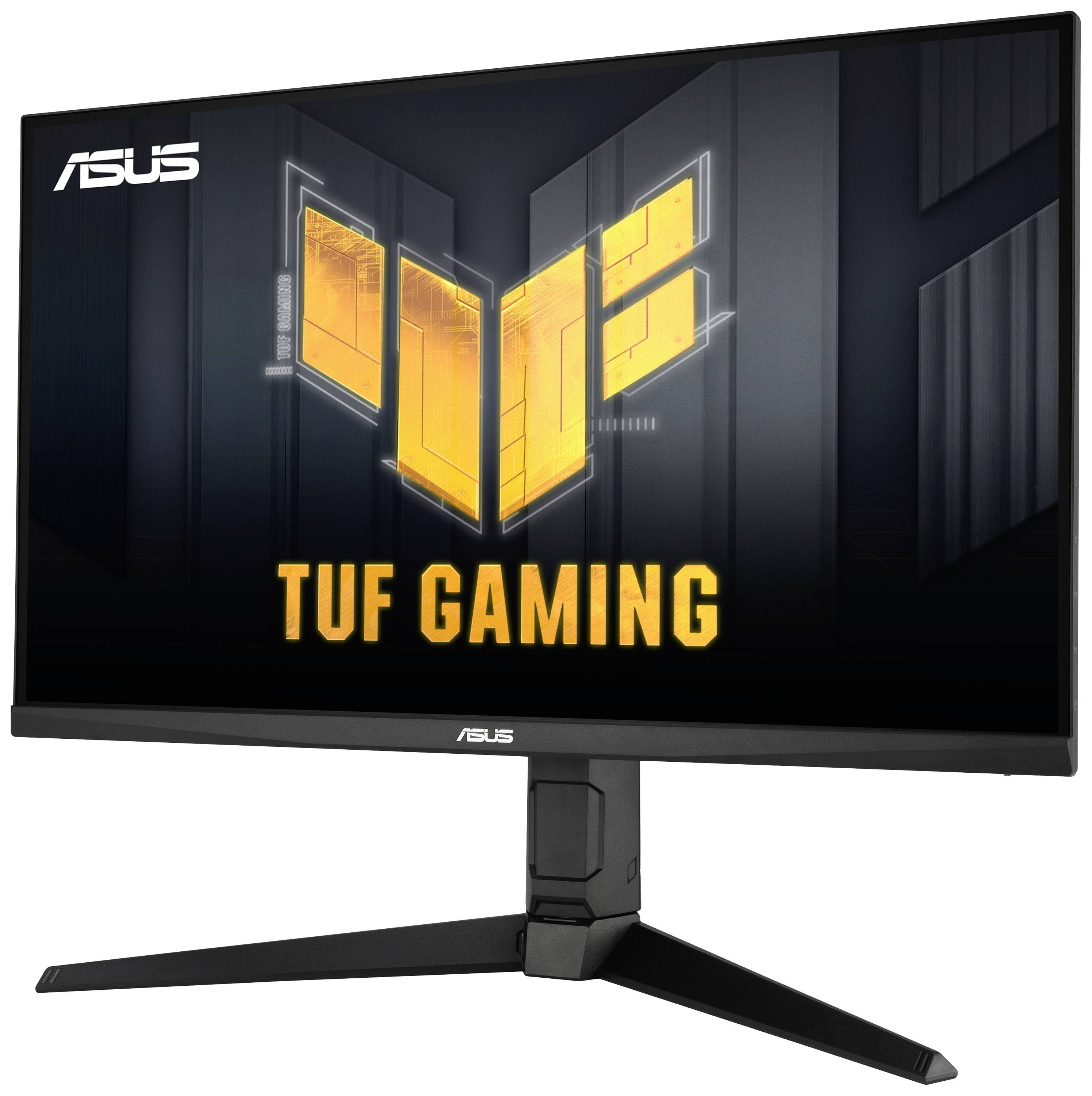 Monitor ASUS, modello 'TUF Gaming', mostra un logo giallo su uno sfondo scuro.