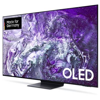 Un moderno televisore OLED con un design visivo astratto in tonalità viola sullo schermo. In alto a sinistra è scritto 'Made for Germany'.