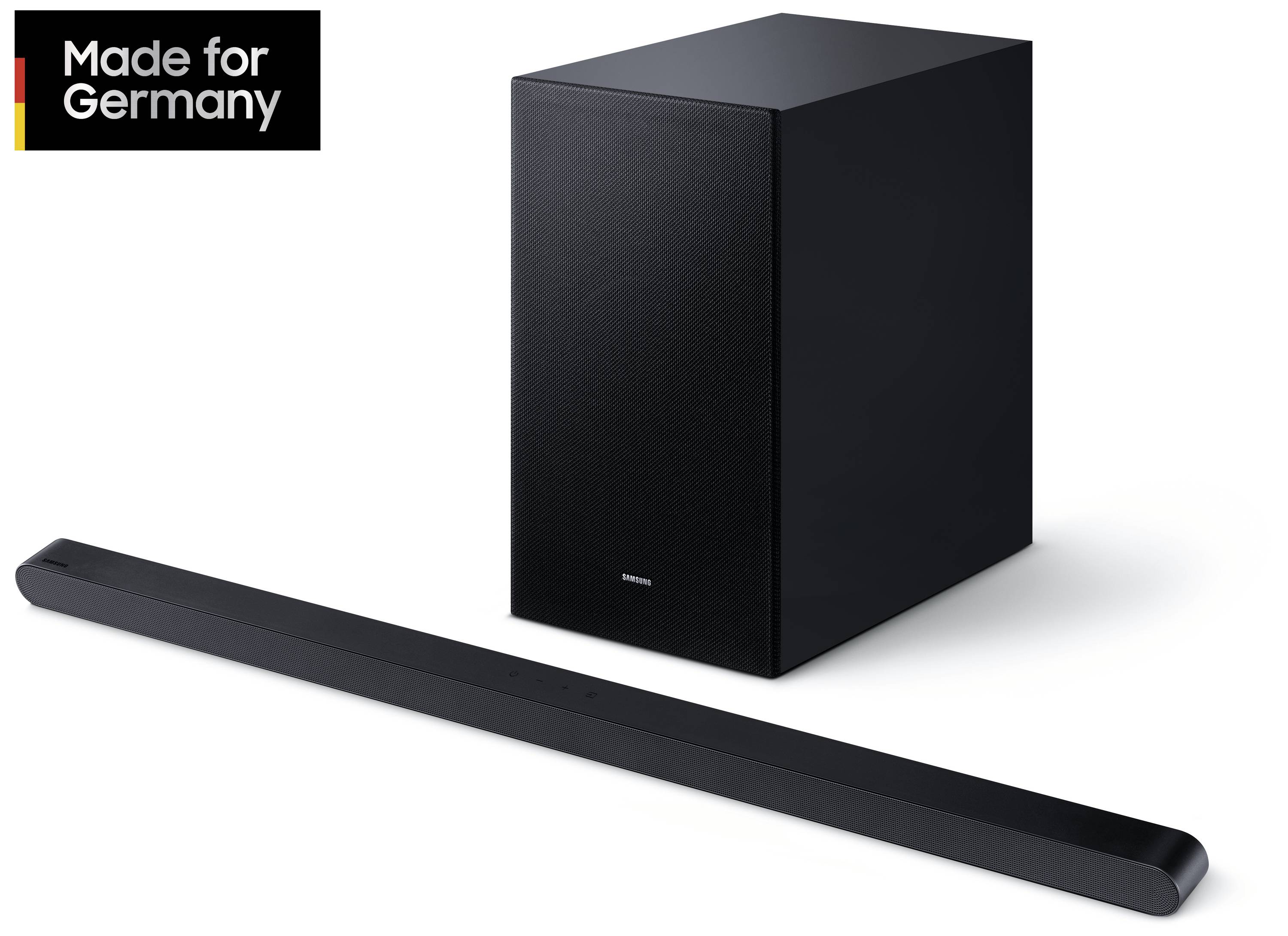 'Altoparlante nero e soundbar con la scritta: Made for Germany. Set audio moderno per un suono migliore.'