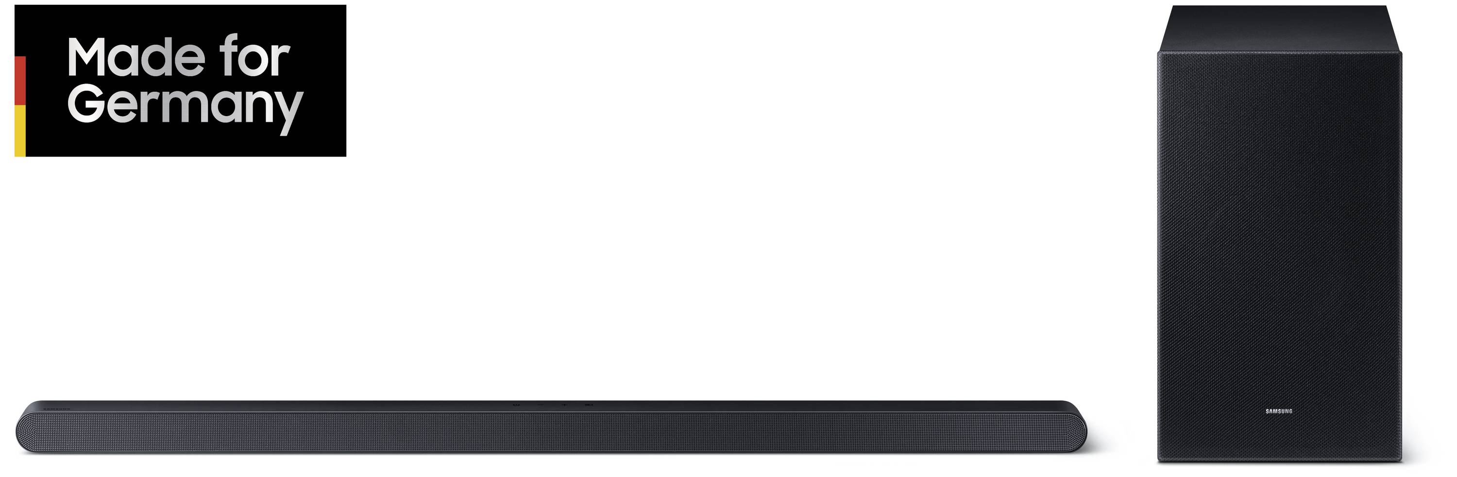 Una soundbar nera e un subwoofer abbinato sono mostrati uno accanto all'altro. In alto a sinistra c'è la scritta 'Made for Germany'.