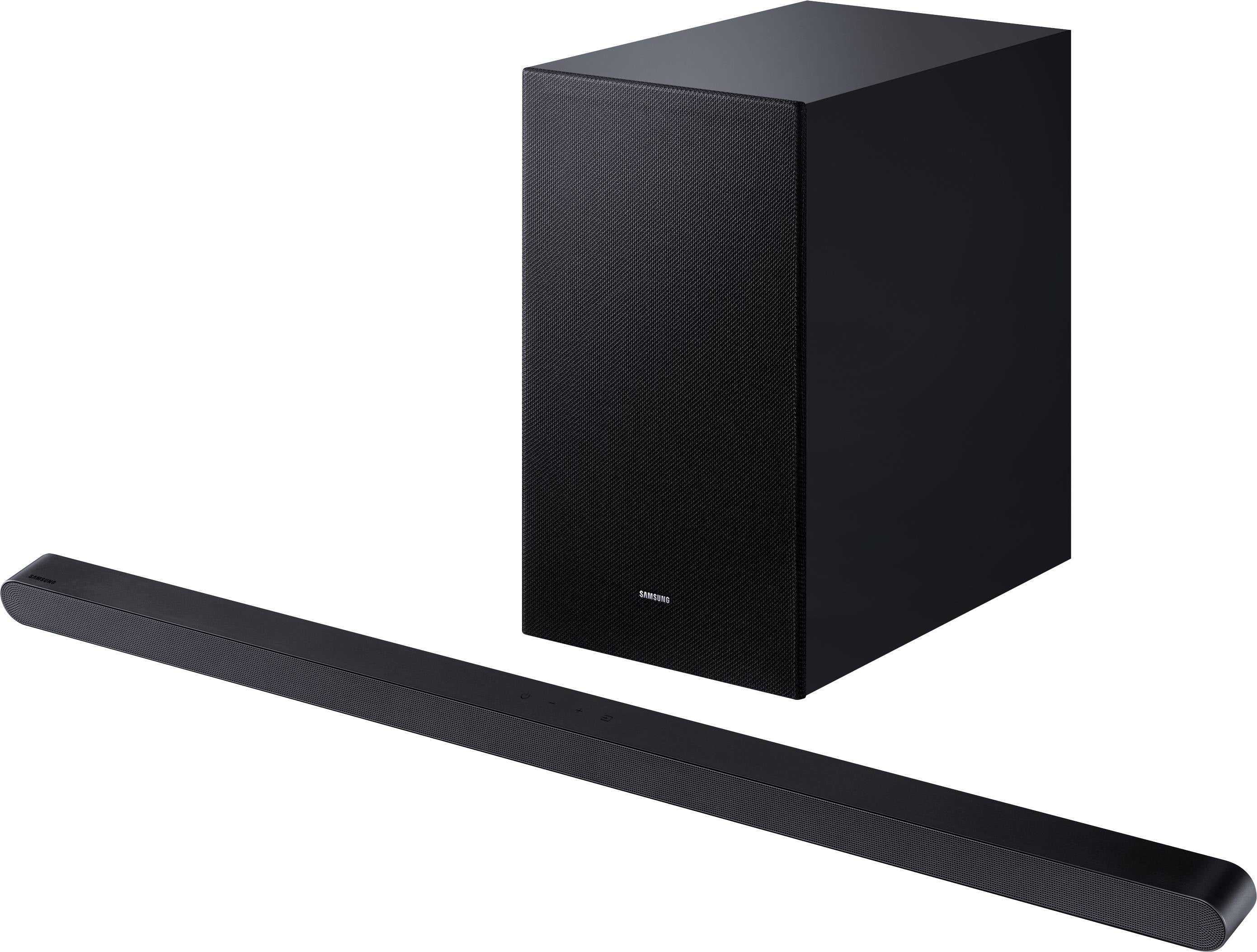 Set di dispositivi composto da una soundbar nera e un subwoofer corrispondente, posizionato su uno sfondo bianco.