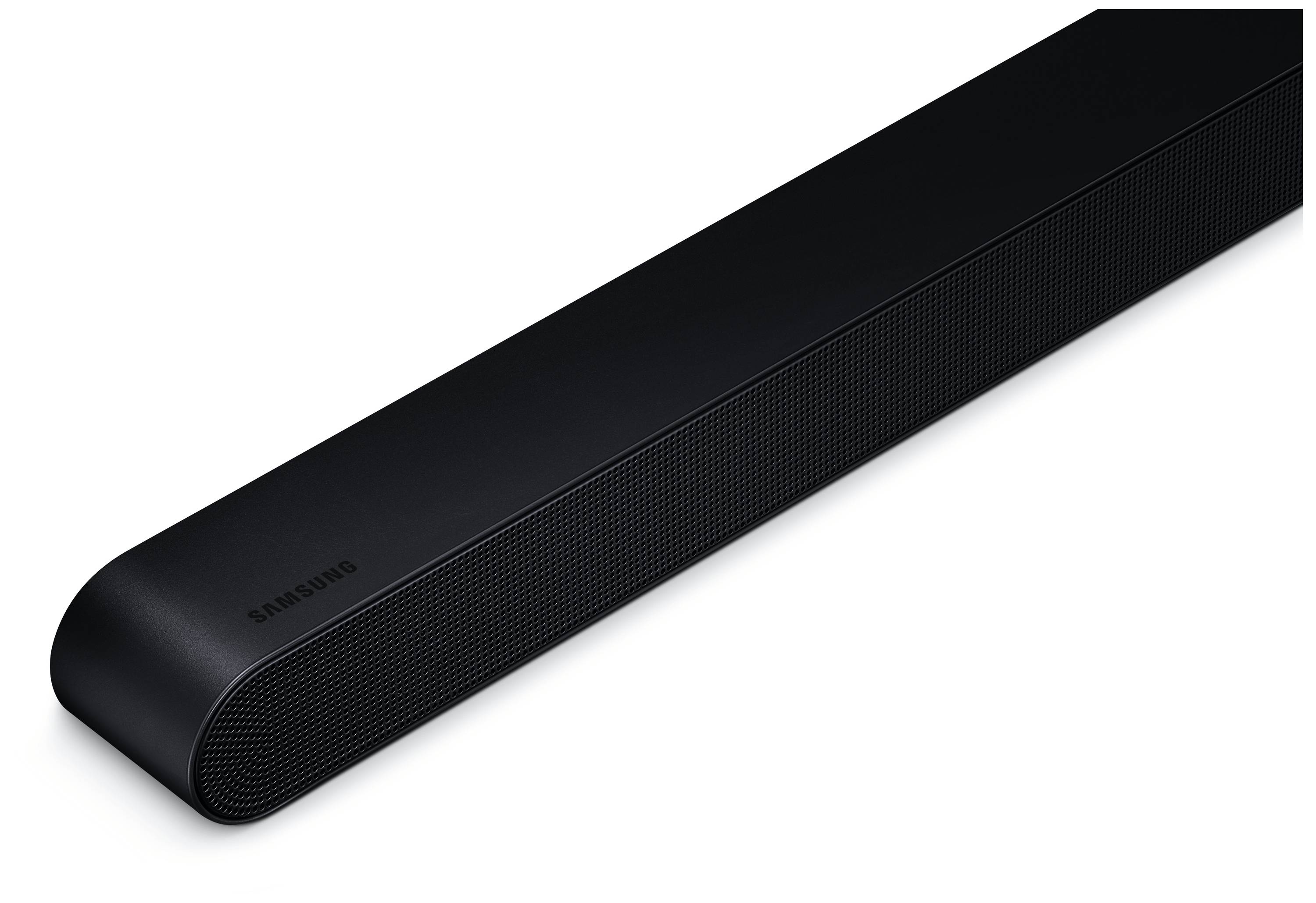 Una soundbar nera con angoli arrotondati, con il nome del produttore visibile sul lato frontale. Design moderno, inquadratura da sinistra.