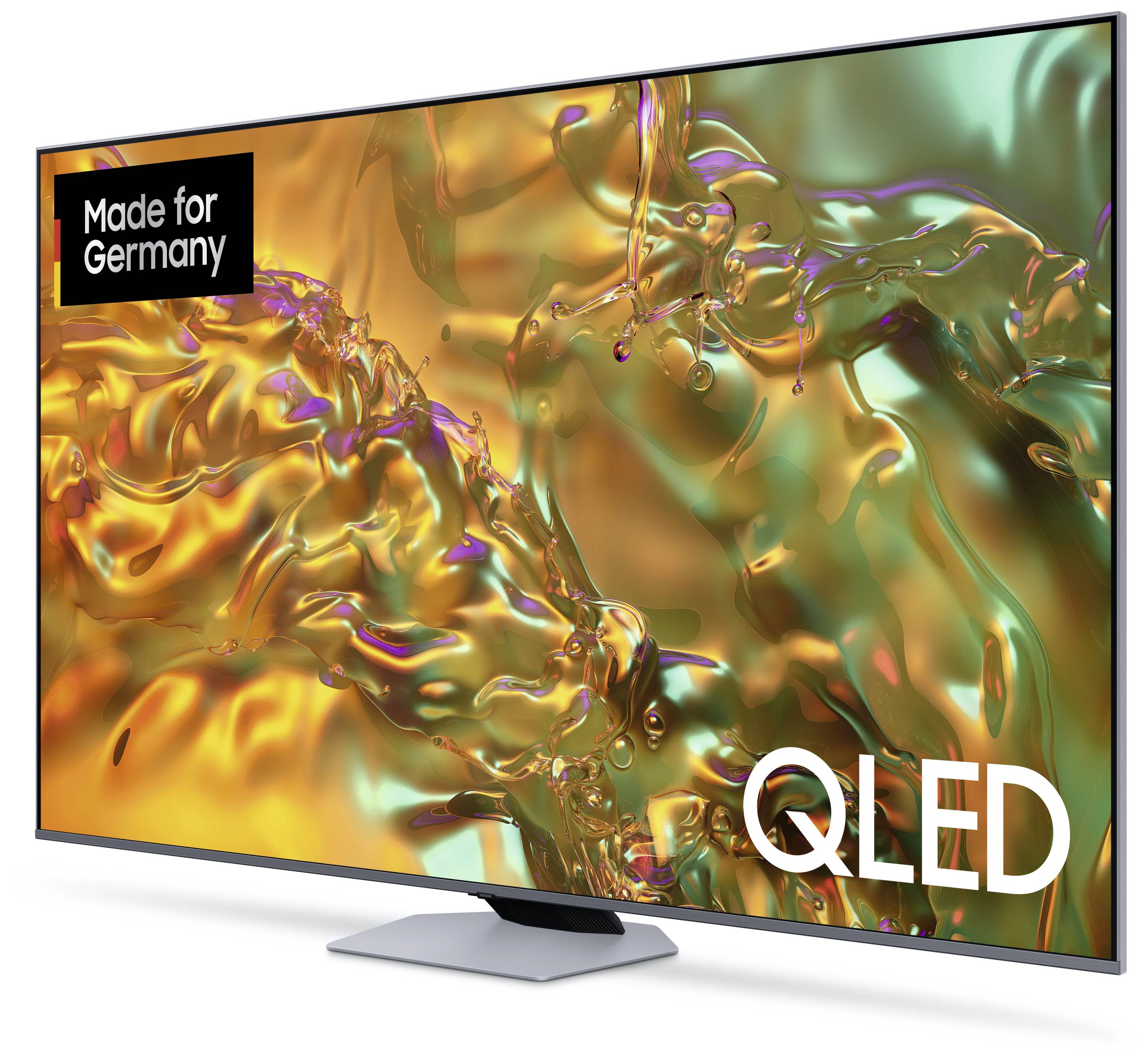 Un televisore QLED con colori vivaci sullo schermo. In alto a sinistra un cartello con 'Made for Germany'.