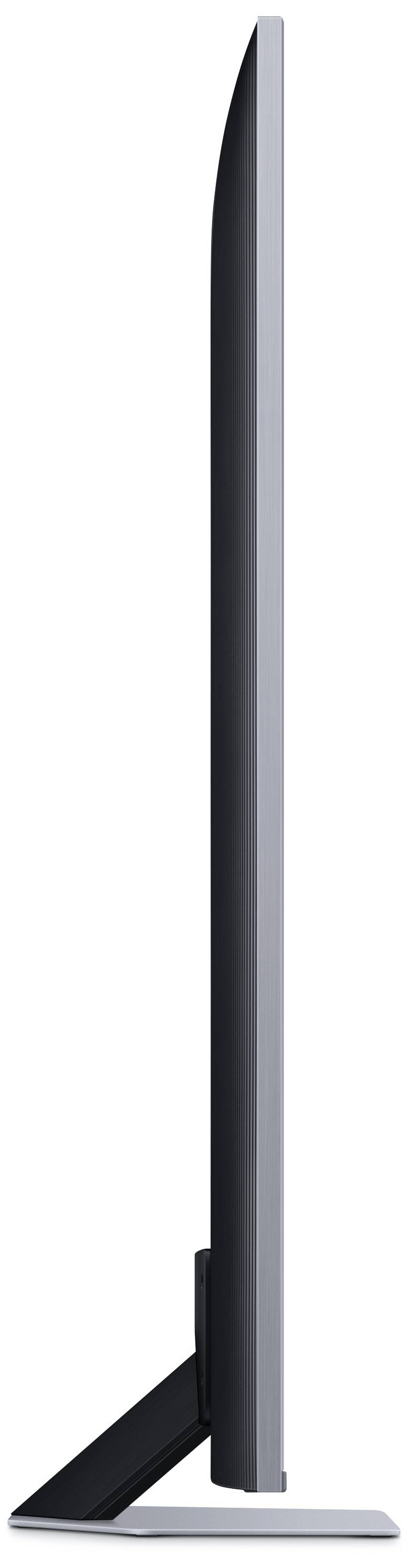 Vista laterale di un televisore piatto con cornice sottile su un piedistallo. Il profilo mostra un design elegante e sottile.