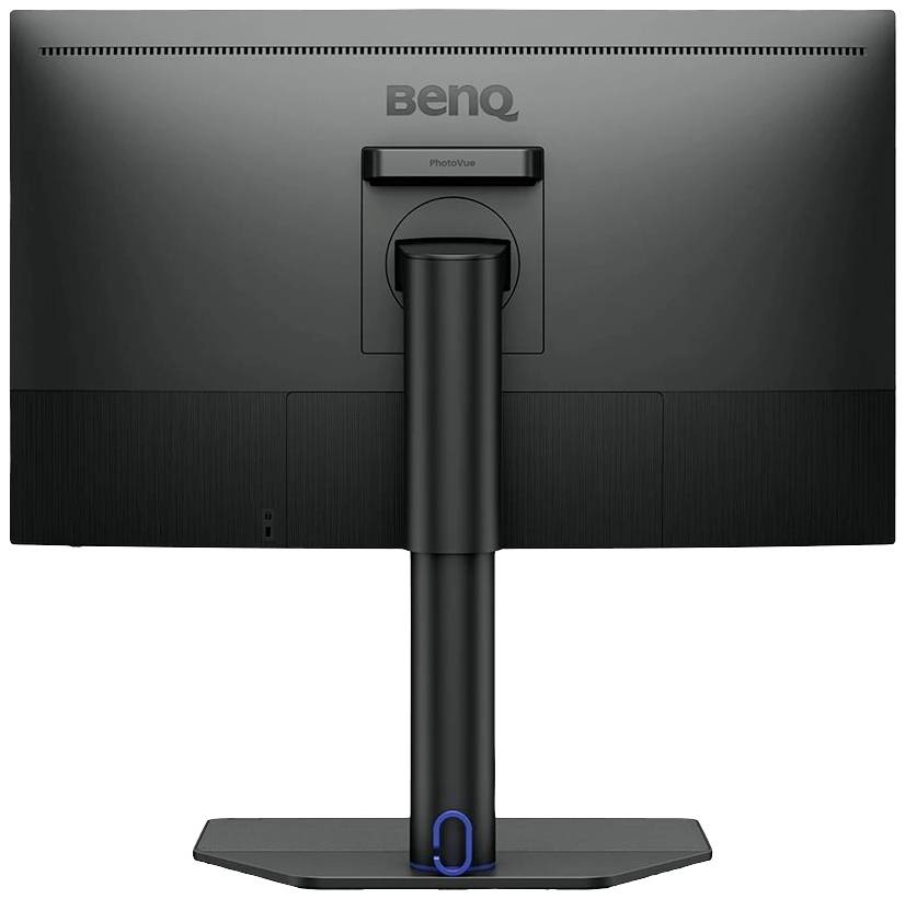 Un monitor nero BenQ con un supporto stabile, visto da dietro.