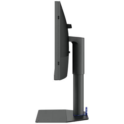 Vista laterale di un monitor sottile e nero su un supporto regolabile. Lo schermo è piatto con una cornice minimalista.