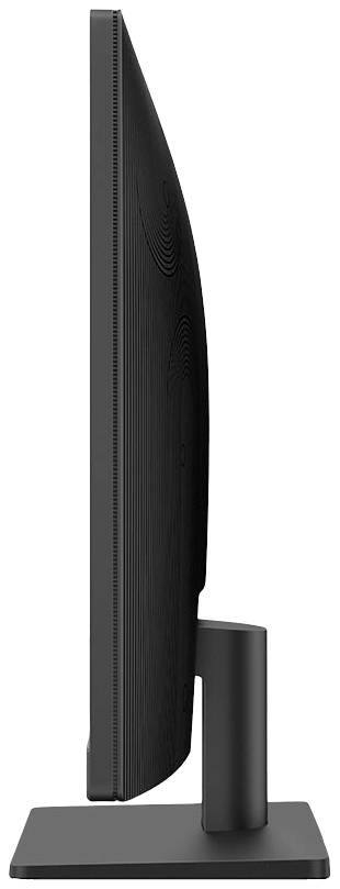 'Vista laterale di un monitor sottile nero su un piedistallo rettangolare.'