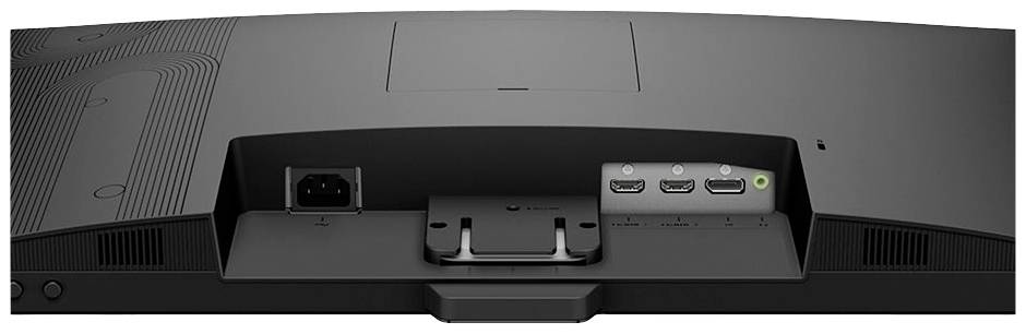 Retro di un monitor con porte di connessione: porta di alimentazione a sinistra, due porte HDMI e una DisplayPort al centro, uscita audio a destra.