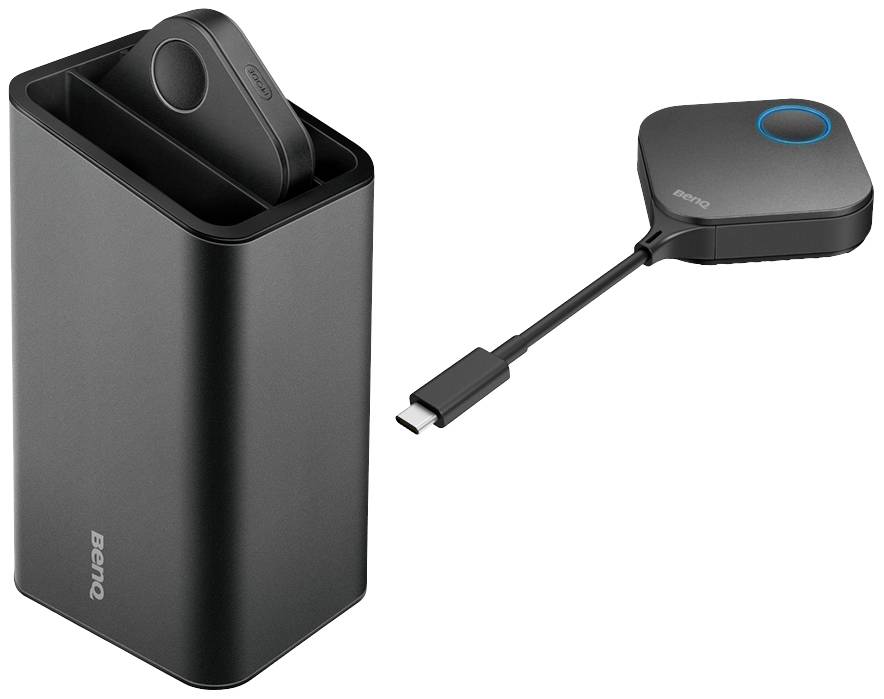 Sistema di presentazione portatile con trasmettitore e ricevitore wireless. Trasmettitore con porta USB-C, ricevitore integrato nella stazione di ricarica.