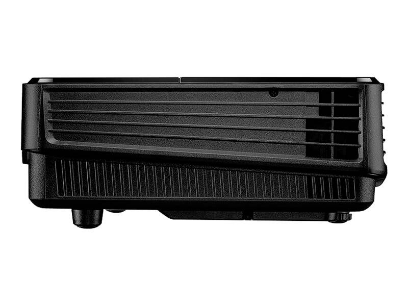 Un proiettore nero, vista laterale. Sono visibili le fessure di ventilazione e il design robusto e compatto.