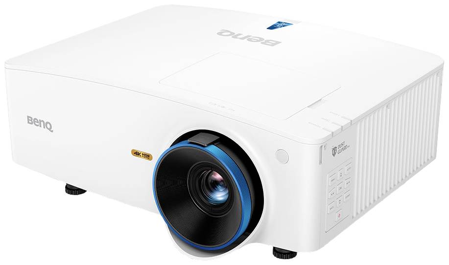 Un proiettore bianco BenQ con un grande obiettivo sul davanti e diversi tasti sul lato.