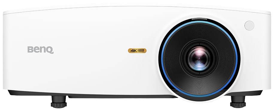 Un proiettore BenQ 4K bianco con obiettivo visibile e anello di accento blu.