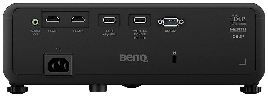 L'immagine mostra il retro di un proiettore con diverse porte di connessione: uscita audio, HDMI 1 e 2, porte USB, RS-232, ingresso di rete.