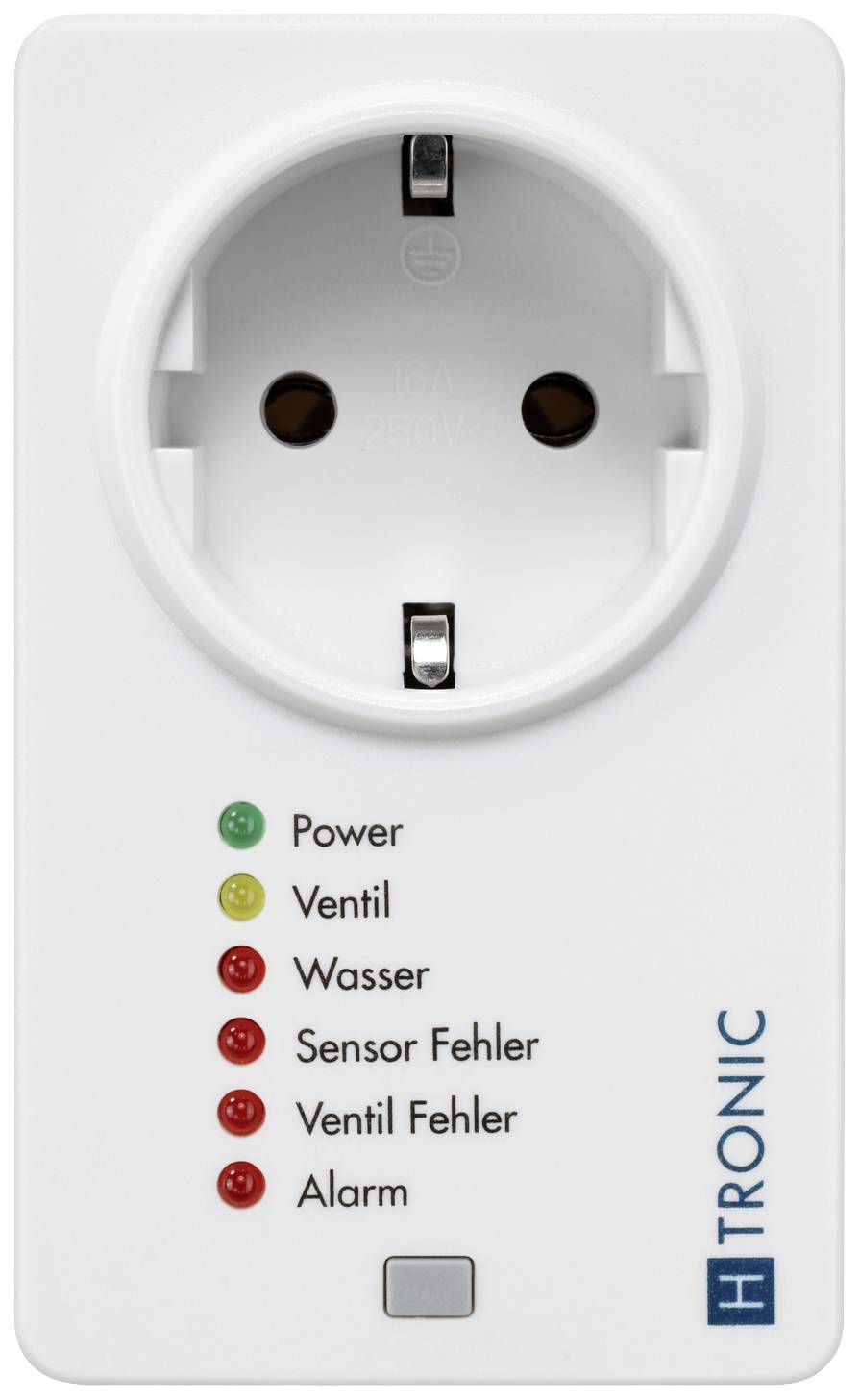 Presa con indicatori LED per Alimentazione, Valvola, Acqua, Errore Sensore, Errore Valvola e Allarme. Nome del marchio 'H-Tronic' in basso a destra.