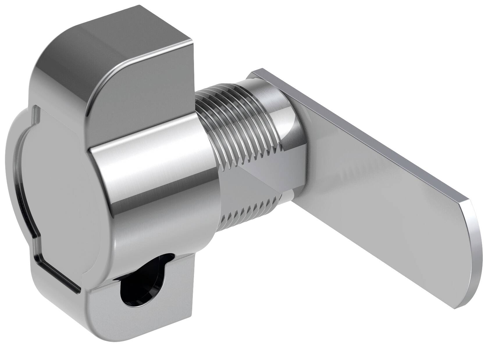 Serratura Camlock in argento con leva di chiusura che punta a destra. Utilizzata per applicazioni critiche per la sicurezza come quadri elettrici.