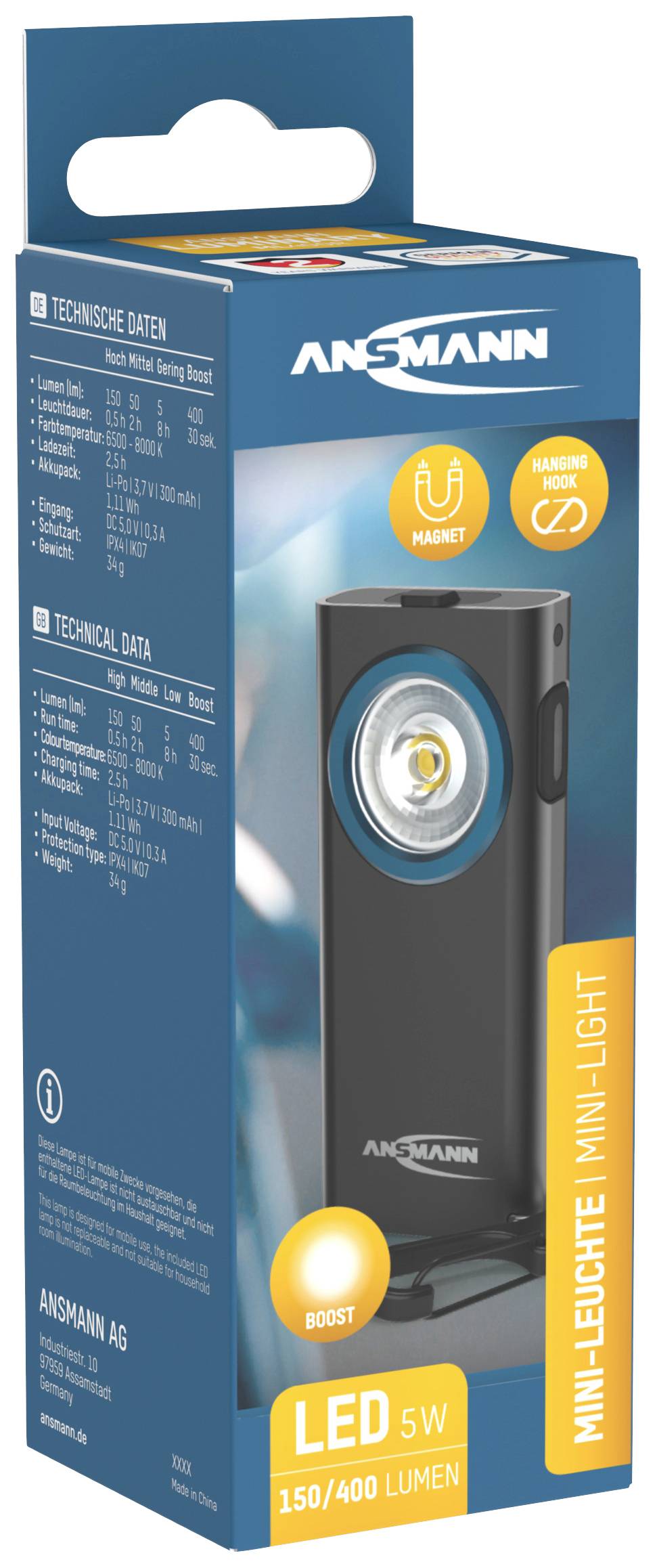 Confezione di una mini luce LED Ansmann, 5 W, 150/400 lumen, con supporto magnetico. Immagine del prodotto sul fronte della confezione.