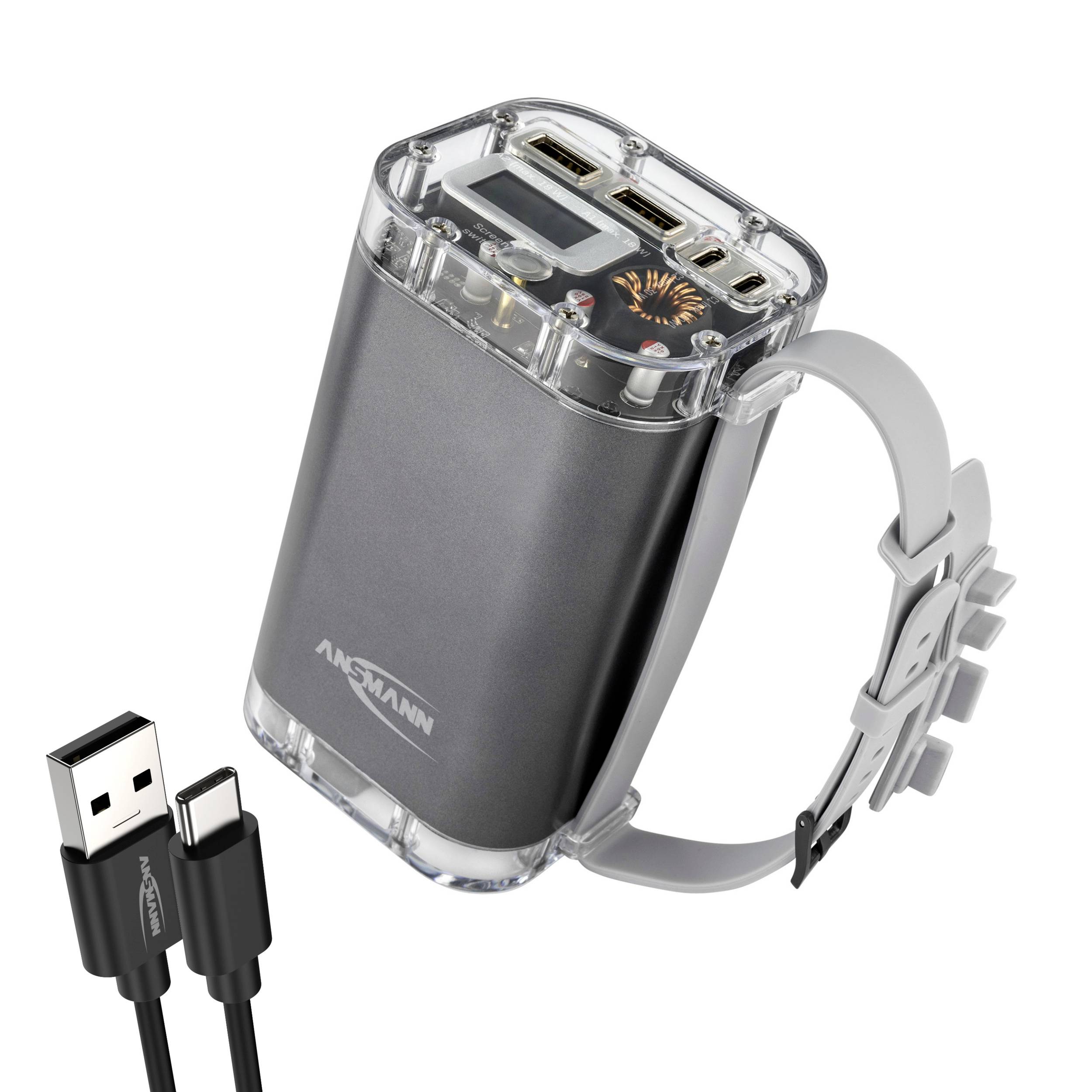 Una power bank portatile con due porte USB e un display digitale, accanto a un cavo USB con connettore USB-C.