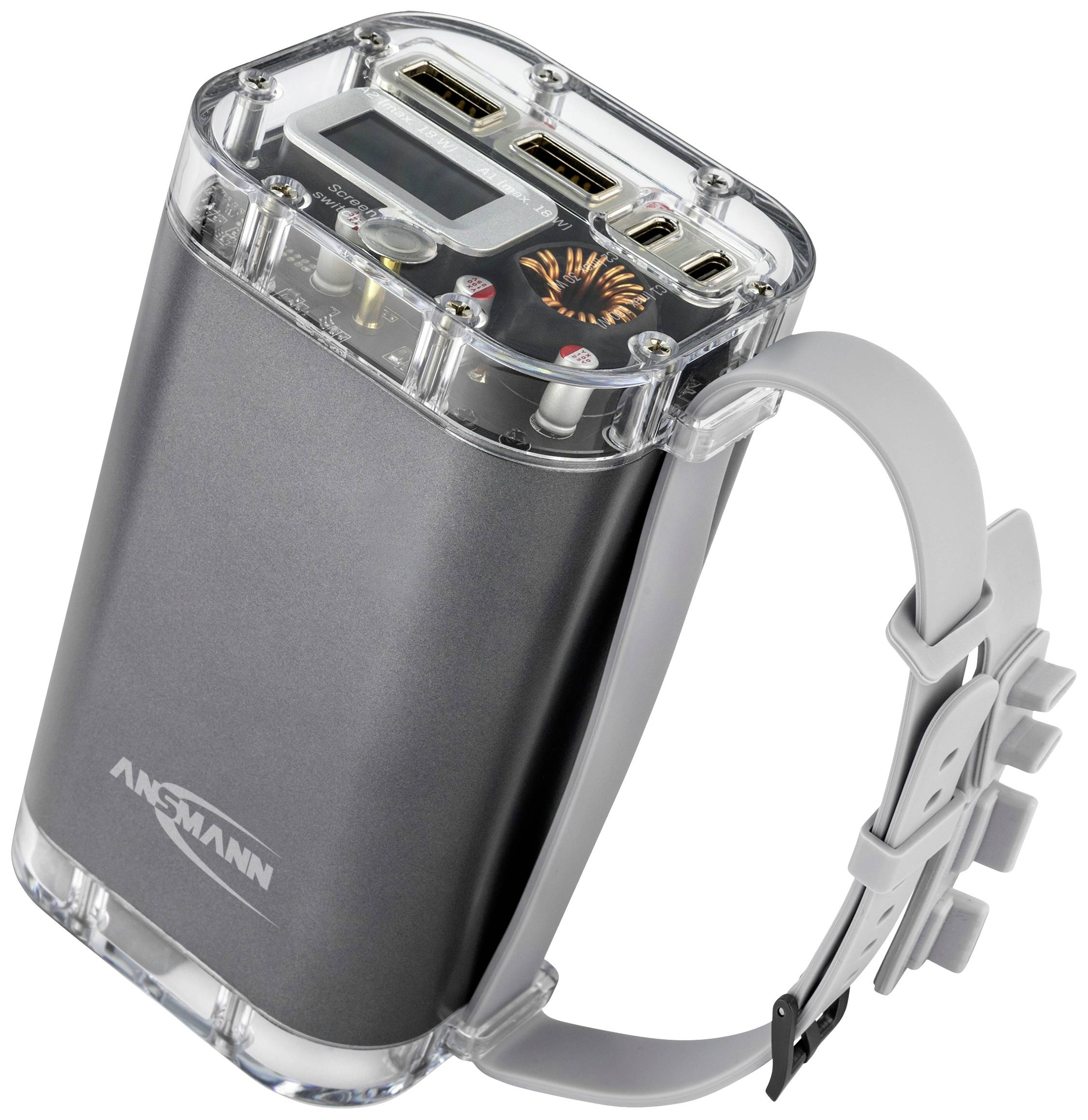 Una power bank portatile con più porte USB e un involucro superiore trasparente che mostra i componenti interni.