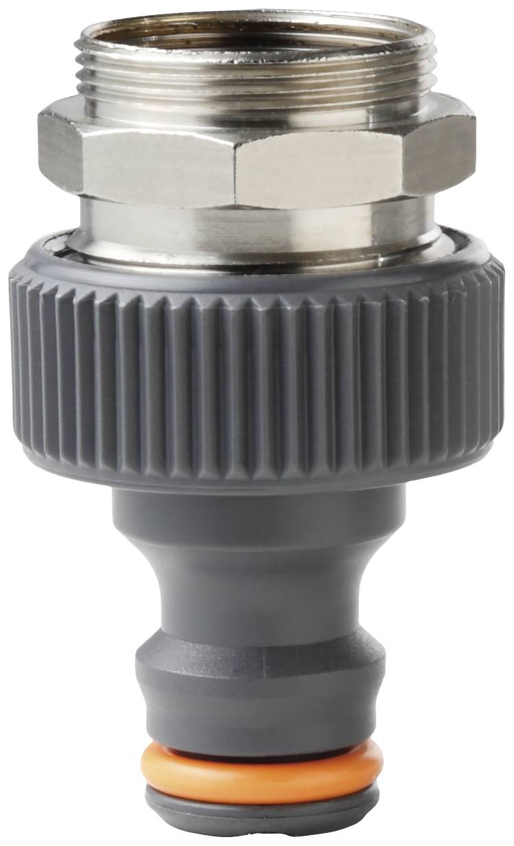 Un raccordo a tubo grigio con anello di tenuta arancione, adatto per il collegamento a rubinetti o sistemi di tubi.