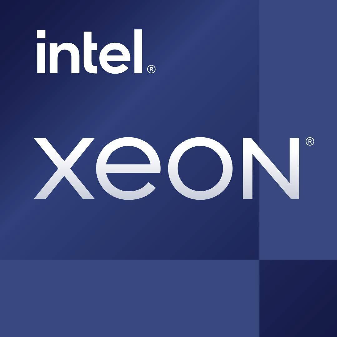 Logo 'Intel Xeon' su sfondo blu.